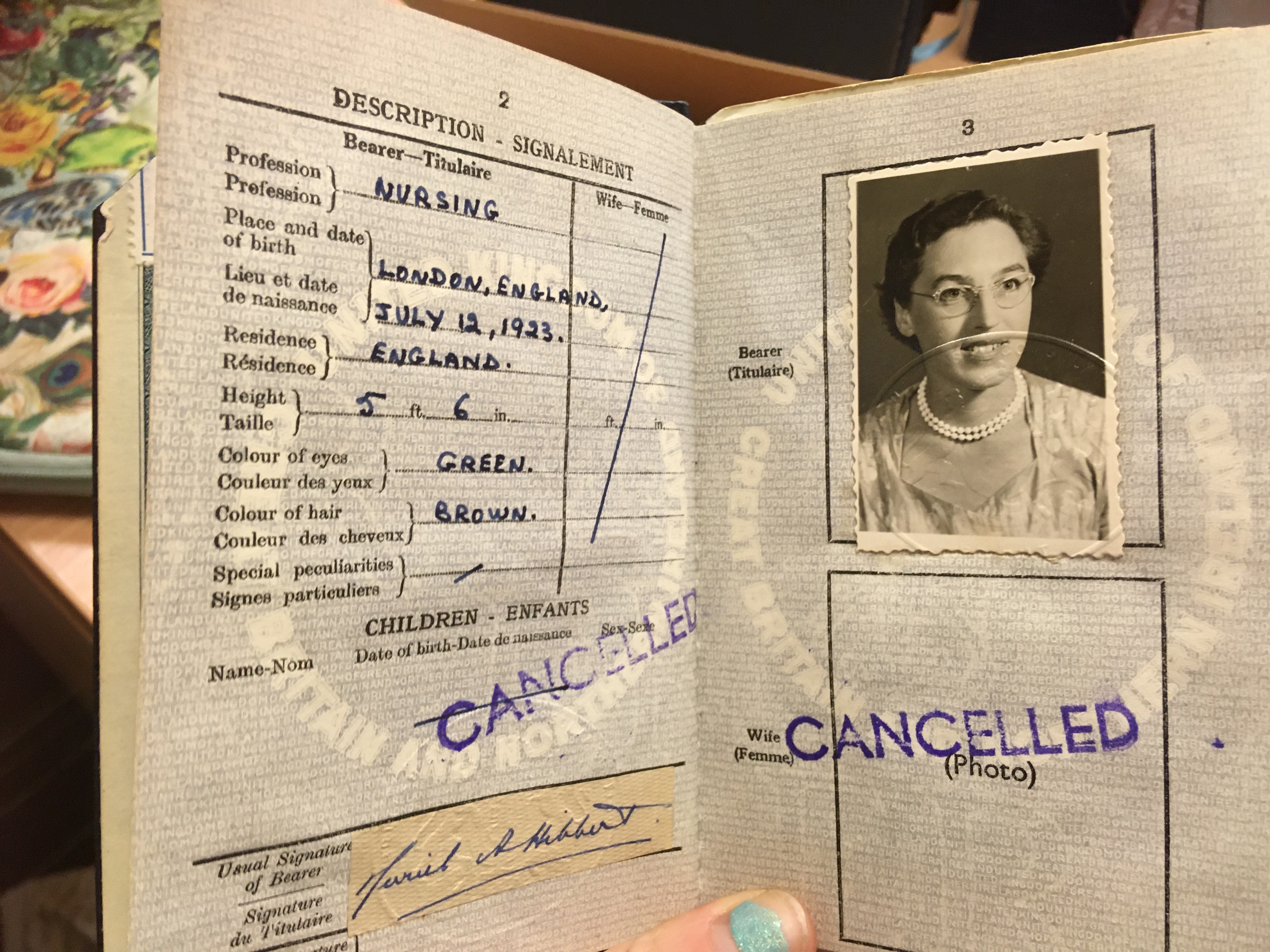 Muriel Hibbert's passport - she was the first Clinical Nursing Studies Officer for the Joint Board of Clinical Nursing Studies in 1971 - 1983