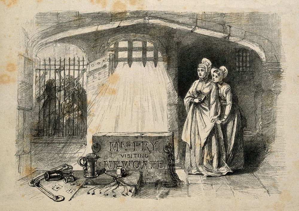 Etching of Elizabeth Fry visiting Newgate Gaol. In the foreground is Elizabeth Fry, looking at overturned bottles and cards, whilst in the background prisoners appear to be fighting and drinking. 