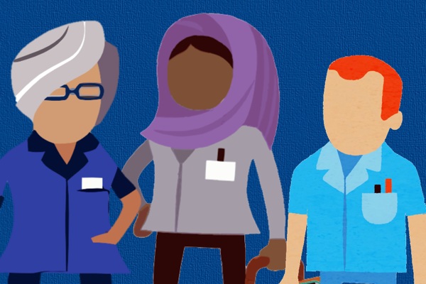 illustration of three nursing staff members - woman with grey hair and glasses, woman wearing hijab and man with ginger hair 