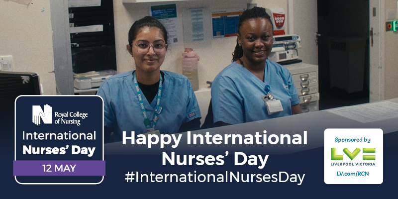 International Nurses' Day logo and LV logo on a background of two nurses in blue at a hospital desk smiling