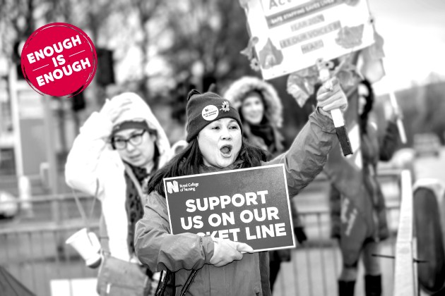 RCN nursing staff on strike picket line holding placards, image in black and white with red 'enough is enough' campaign stamp in top LH corner