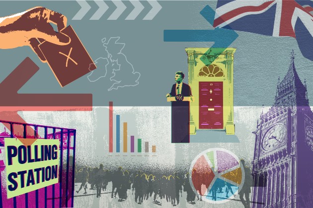 Illustration of polling station, polls and graphs, Number 10 and Big Ben clock in London