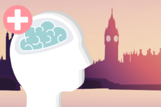 An illustration shows the outline of a human head in profile, facing right. The head is white and a brain can be seen inside in green/blue with a white medical cross on a red background at the crown of the head. In the background of this image can be seen an illustration showing the Westminster skyline in London, with the tower of Big Ben visible.