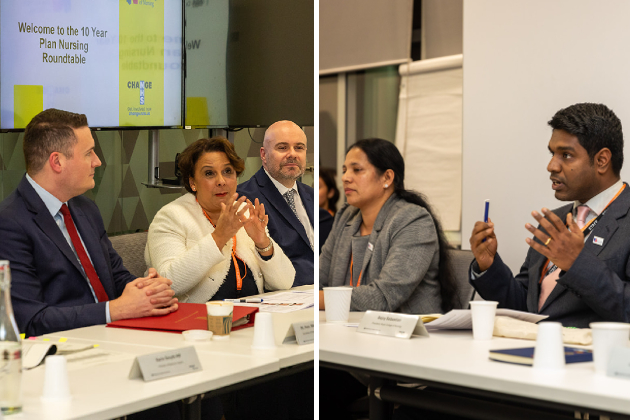 A composite image shows two pictures from an RCN meeting featuring health officials, RCN members and staff. The left-hand picture shows health secretary Wes Streeting looking at RCN Chief Executive Nicola Ranger. Both are seated at a table and Nicola is gesturing, engaged in the conversation. The right-hand image shows RCN President Bejoy Sebastian, also seated in the same room, making a point, gesturing with his hands, sitting next to an RCN member.