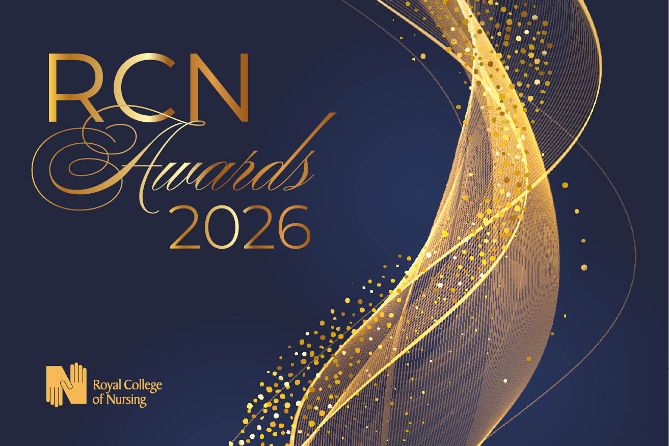 A graphical logo for the RCN Awards logo 2026 is shown. The words "RCN Awards 2026" are seen in gold on a navy blue background, with the RCN logo in gold also