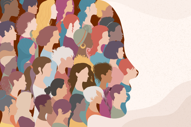 A graphical image shows the outline of a person's face in profile looking to the right. Their face is made up of many smaller faces of varying colours, genders and races