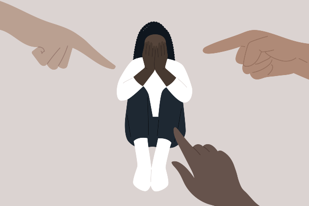 Woman sits in centre of image covering her face. Three fingers point at her accusatorily from different sides of the frame