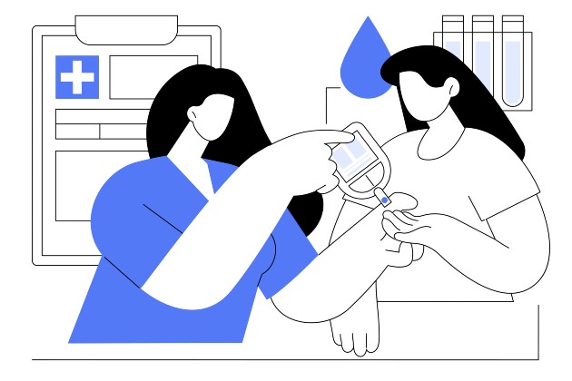Simple illustration depicts nurse conducting a diabetes blood test on a patient