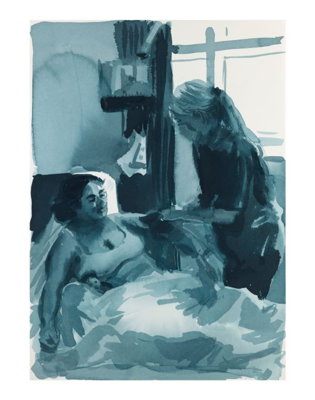 A piece of artwork is shown called "Maternity 11" by Caroline Walker. A watercolour shows a woman in bed being tended to by a member of nursing staff wearing a mask