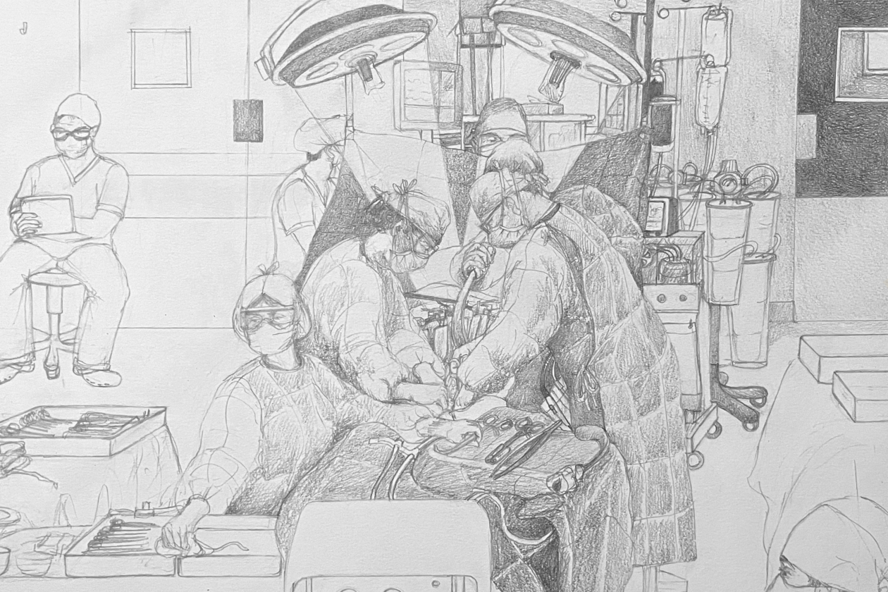 A sketch in dark pencil shows a surgical theatre. A group of four or five figures in the centre work on a patient, while another turns towards the front, passing instruments. Two lights are seen above them.  Two other medical staff are seen in the bottom right and top left.