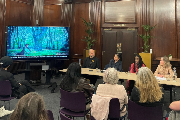 Panagiotis, Ji Sun, Heather and Kate (left to right) discuss the exhibition at a panel at HQ in November 2025, with ‘LDN WMN’ Mary Seacole 2 onscreen 