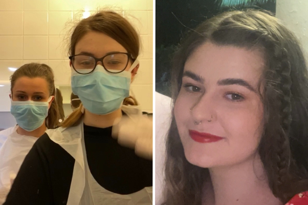 A composite image shows Georgia, a nursing associate and student nurse. On the left, she stands with a colleague during the height of the pandemic. Both wear blue masks and other PPE. On the right she is pictured outside of work, smiling and looking at the camera. She has long, dark brown hair and is wearing a red top.