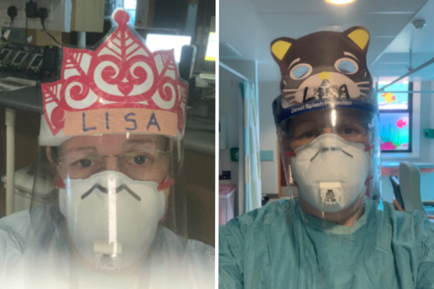 Lisa, a Paediatric ICU nurse, is seen wearing PPE while at work during the COVID-19 pandemic in a composite image showing two pictures. In both pictures only her eyes are really visible behind the PPE. In both pictures her name is displayed above her head, in colourful decorations for the benefit of her young patients. On the left she wears a red and white cardboard decoration and on the right a drawing of an animal with whiskers.