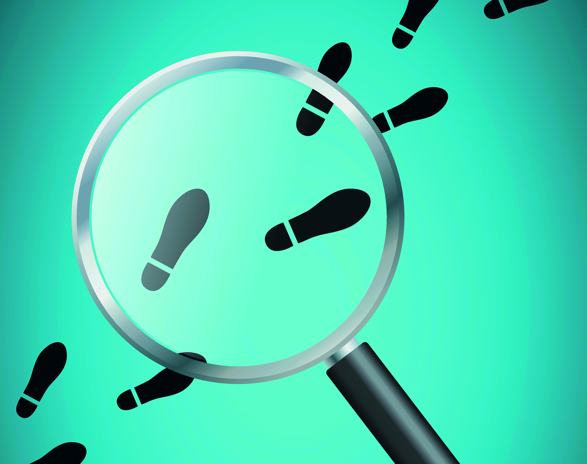 Footsteps examined through magnifying glass