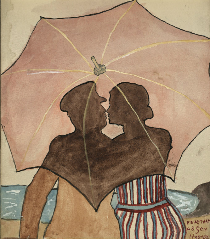 Drawing of soldier kissing a lady behind umbrella