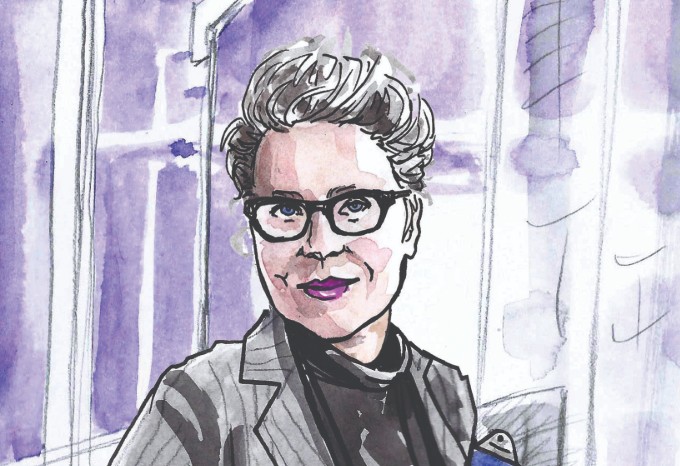 An illustration of RCN President Anne Marie Rafferty, wearing a suit