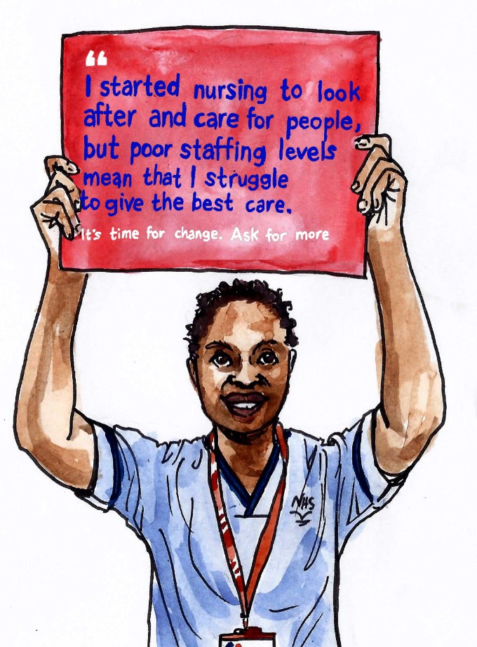 Illustration of staff nurse and RCN steward Aurelia holding a safe staffing sign