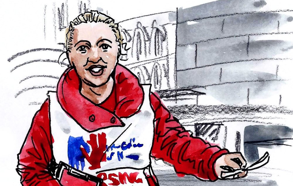 Illustration of member from Scotland handing out flyers