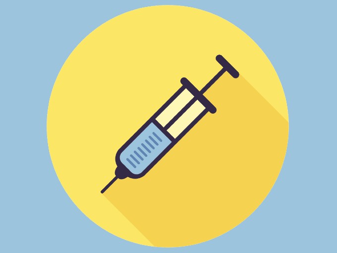 Illustration shows a syringe filled with blue liquid, representing a vaccine, on a yellow circle, against a blue background