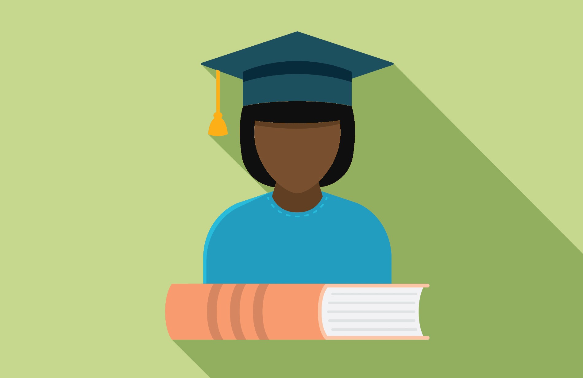Illustration of a black scholar and a book on a green background