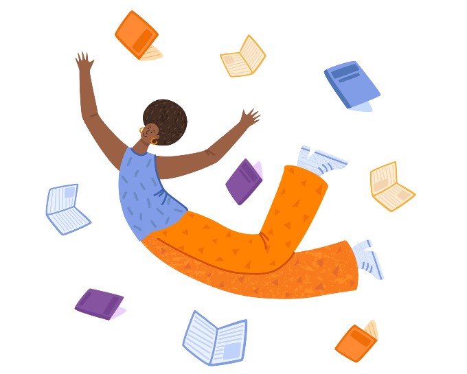 Colourful illustration of a woman floating in the air surrounded by books
