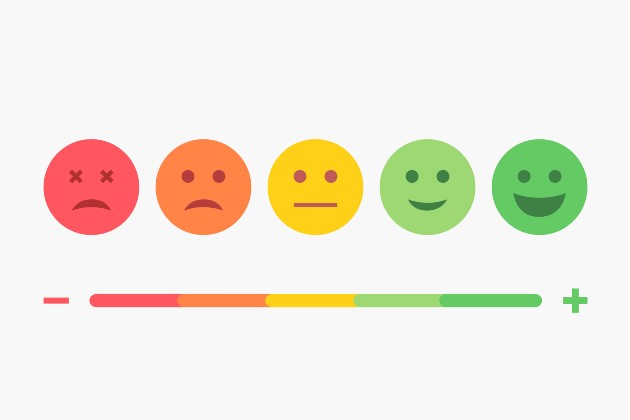 Illustration shows row of faces from red and sad on the left to green and happy on the right