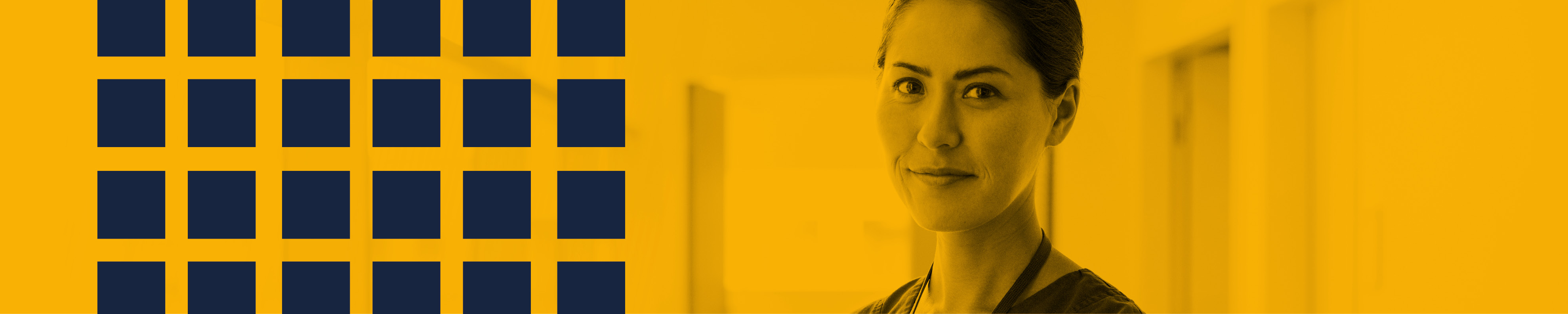 Image of a nurse's face on a yellow background next to a grid of blue squares