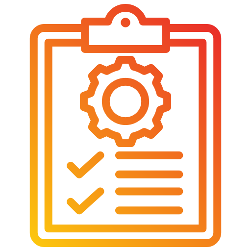 Icon of a clipboard with a gear and checkmarks, symbolizing an administrative update.